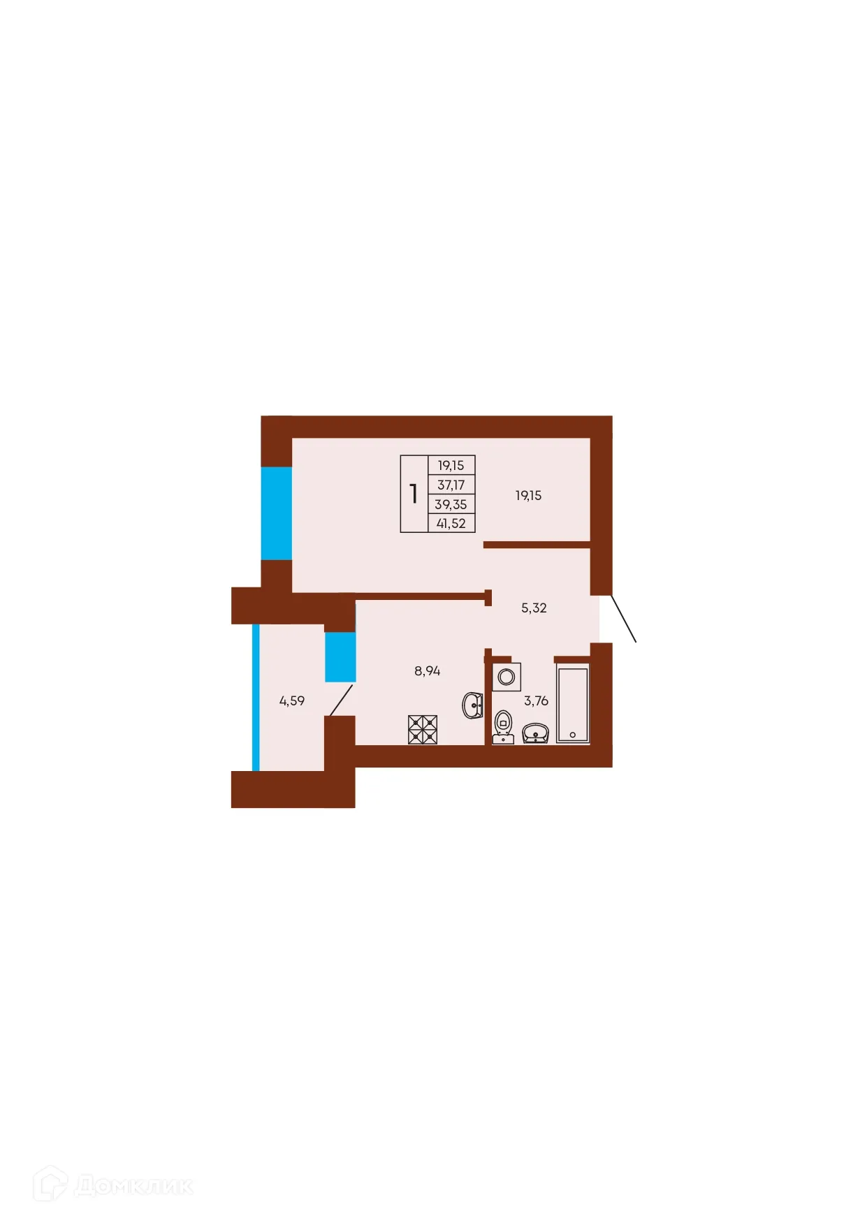 Планировка 1-комнатной квартиры 39.35 м² в ЖК Флэт168, г. Стерлитамак — фото 1