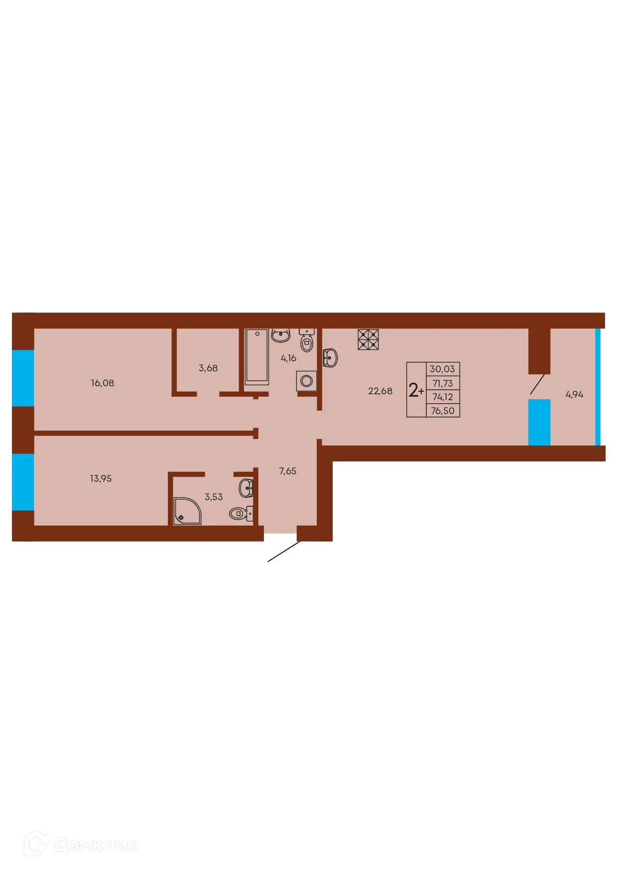 Планировка 2-комнатной квартиры 74.12 м² в ЖК Флэт168, г. Стерлитамак — фото 1