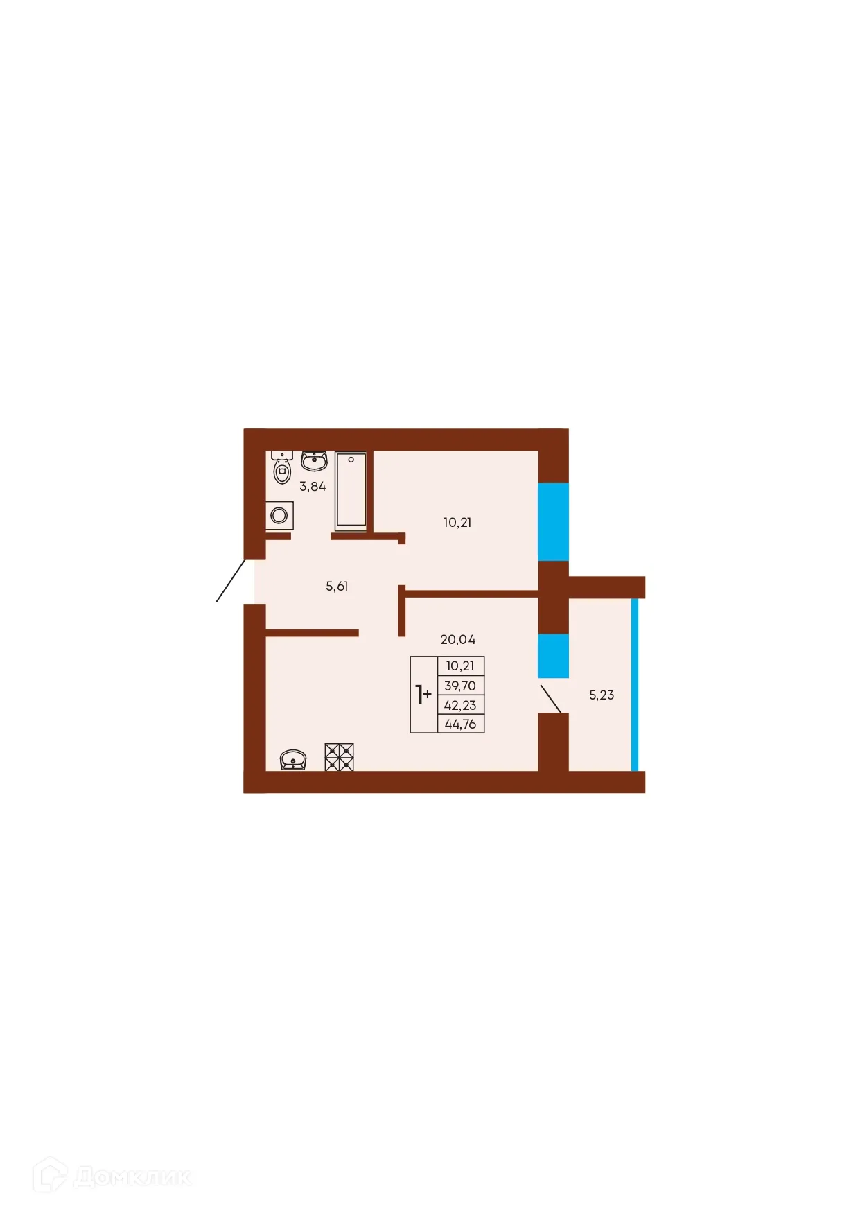 Планировка 1-комнатной квартиры 42.23 м² в ЖК Флэт168, г. Стерлитамак — фото 1