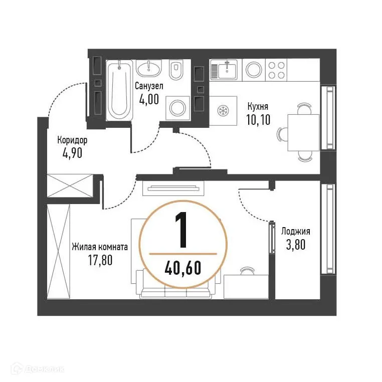 Планировка 1-комнатной квартиры 40.3 м² в ЖК Браво, г. Стерлитамак — фото 1