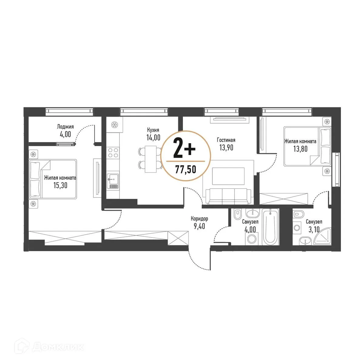 Планировка 3-комнатной квартиры 77.6 м² в ЖК Браво, г. Стерлитамак — фото 1