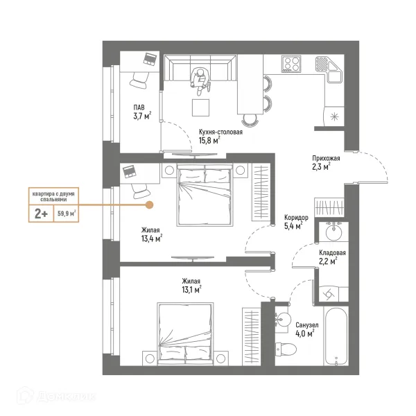 Планировка 2 комн. в ЖК Браво