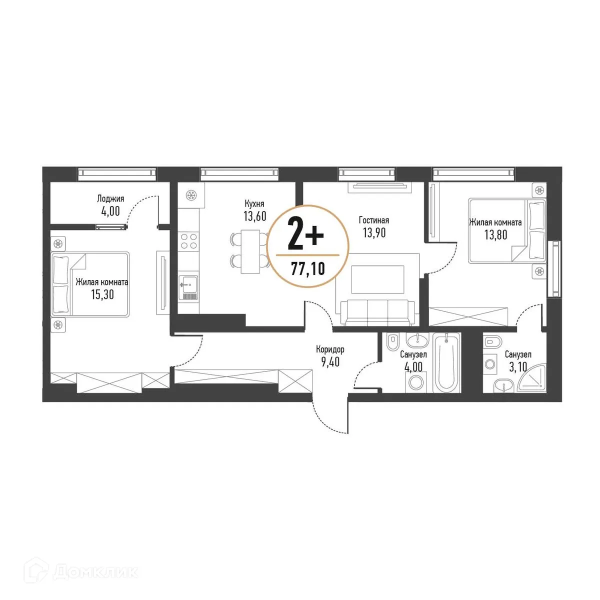Планировка 3-комнатной квартиры 77.2 м² в ЖК Браво, г. Стерлитамак — фото 1