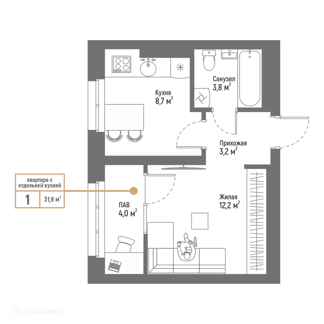Планировка 1-комнатной квартиры 31.9 м² в ЖК Браво, г. Стерлитамак — фото 1