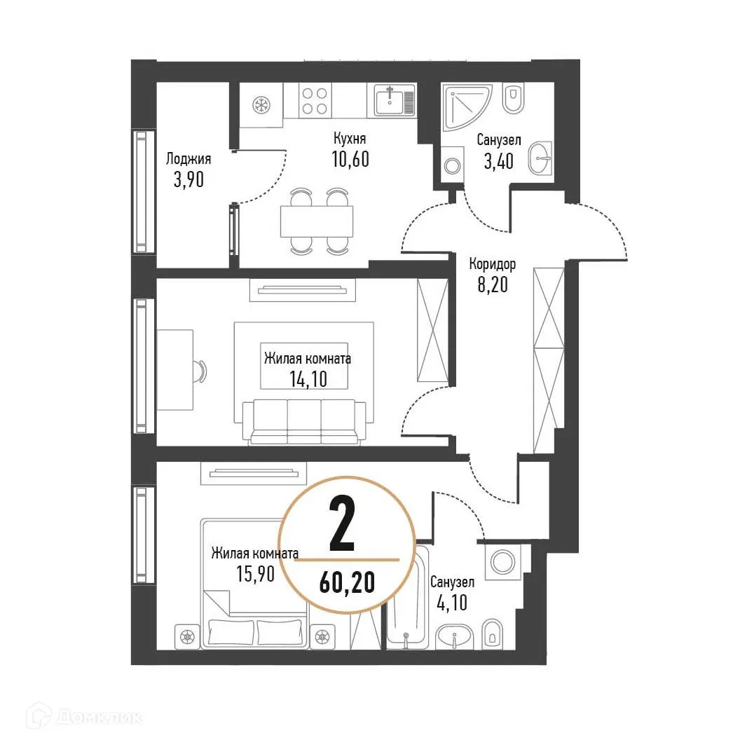 Планировка 2-комнатной квартиры 60.2 м² в ЖК Браво, г. Стерлитамак — фото 1