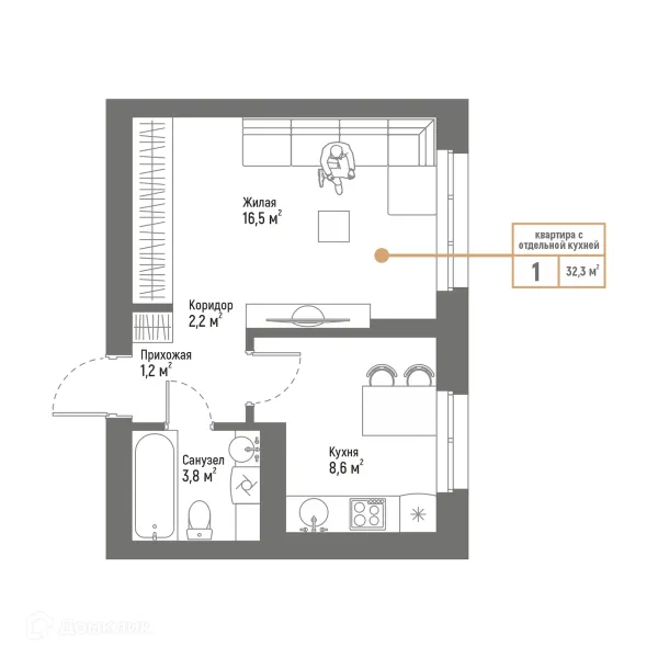 Планировка 1 комн. в ЖК Браво