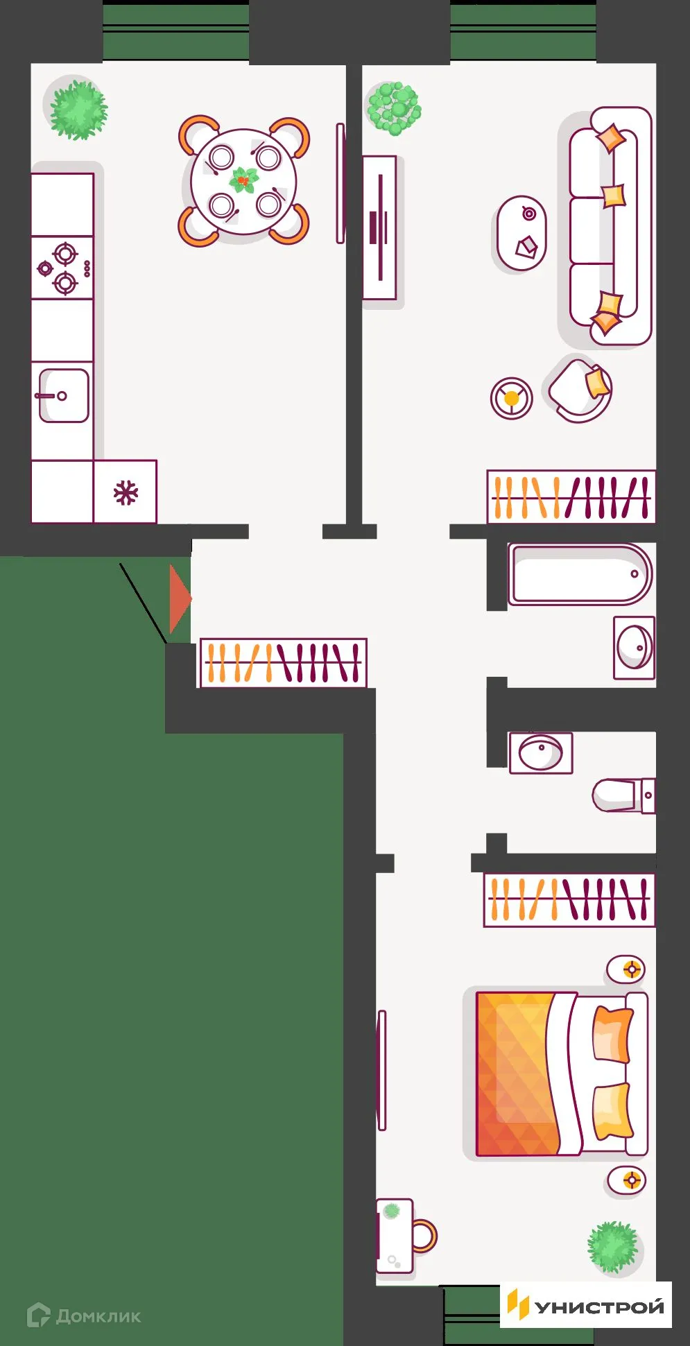 Планировка 2-комнатной квартиры 62.87 м² в ЖК Южный бульвар, г. Тольятти — фото 1