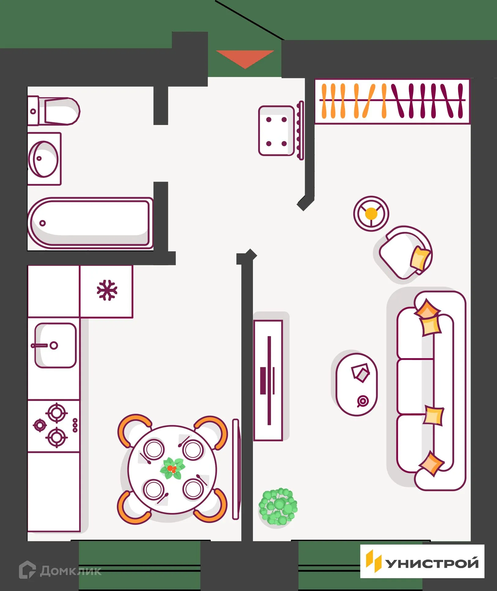 Планировка 1-комнатной квартиры 34.49 м² в ЖК Южный бульвар, г. Тольятти — фото 1