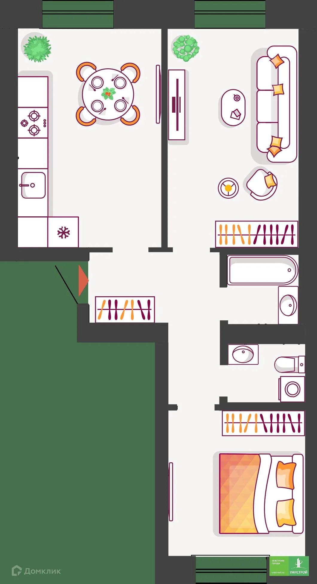 Планировка 2-комнатной квартиры 57.15 м² в ЖК Южный бульвар, г. Тольятти — фото 1