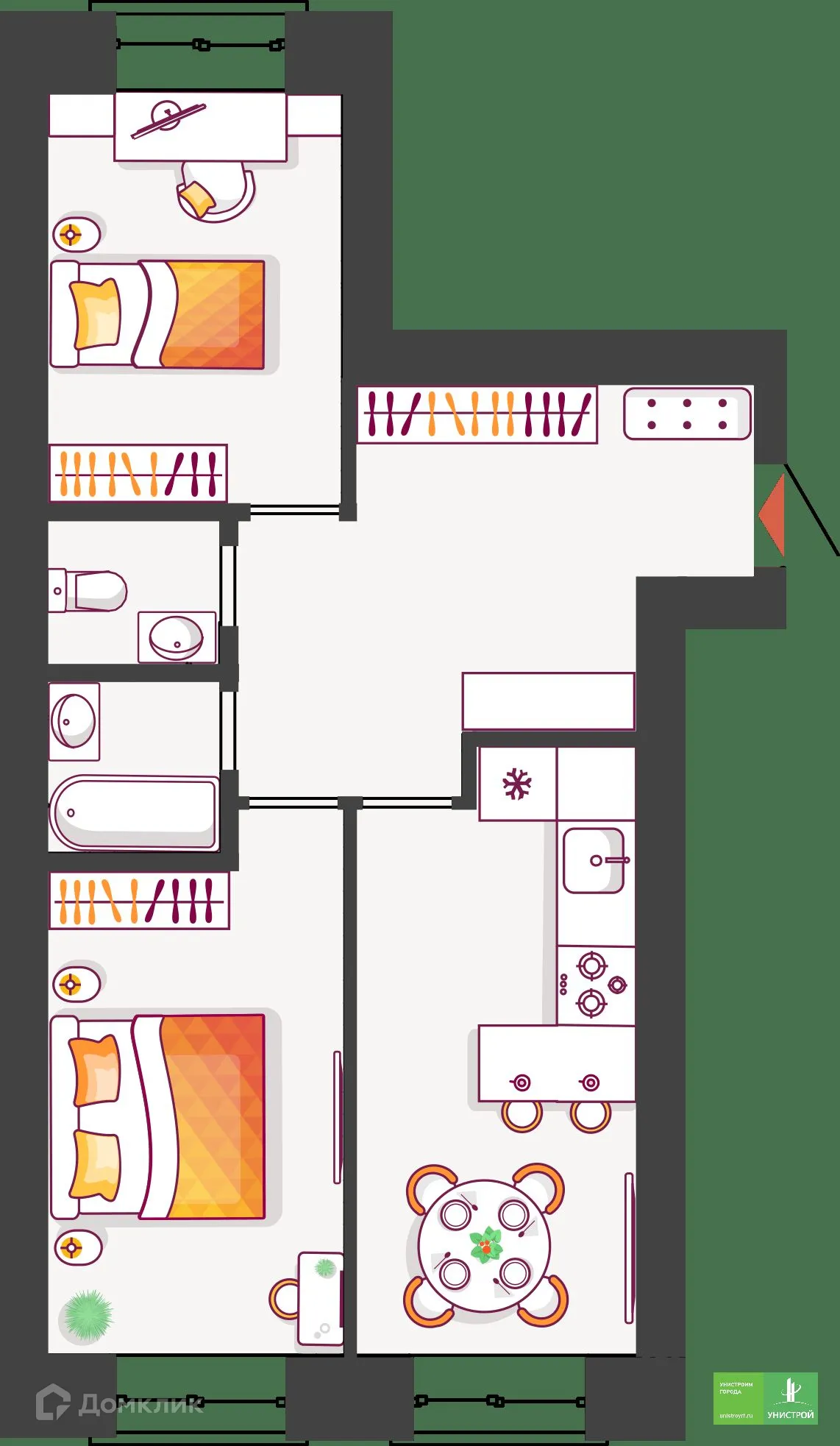 Планировка 2-комнатной квартиры 60.95 м² в ЖК Южный бульвар, г. Тольятти — фото 1