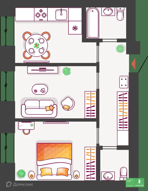 Планировка 2 комн. в ЖК Южный бульвар