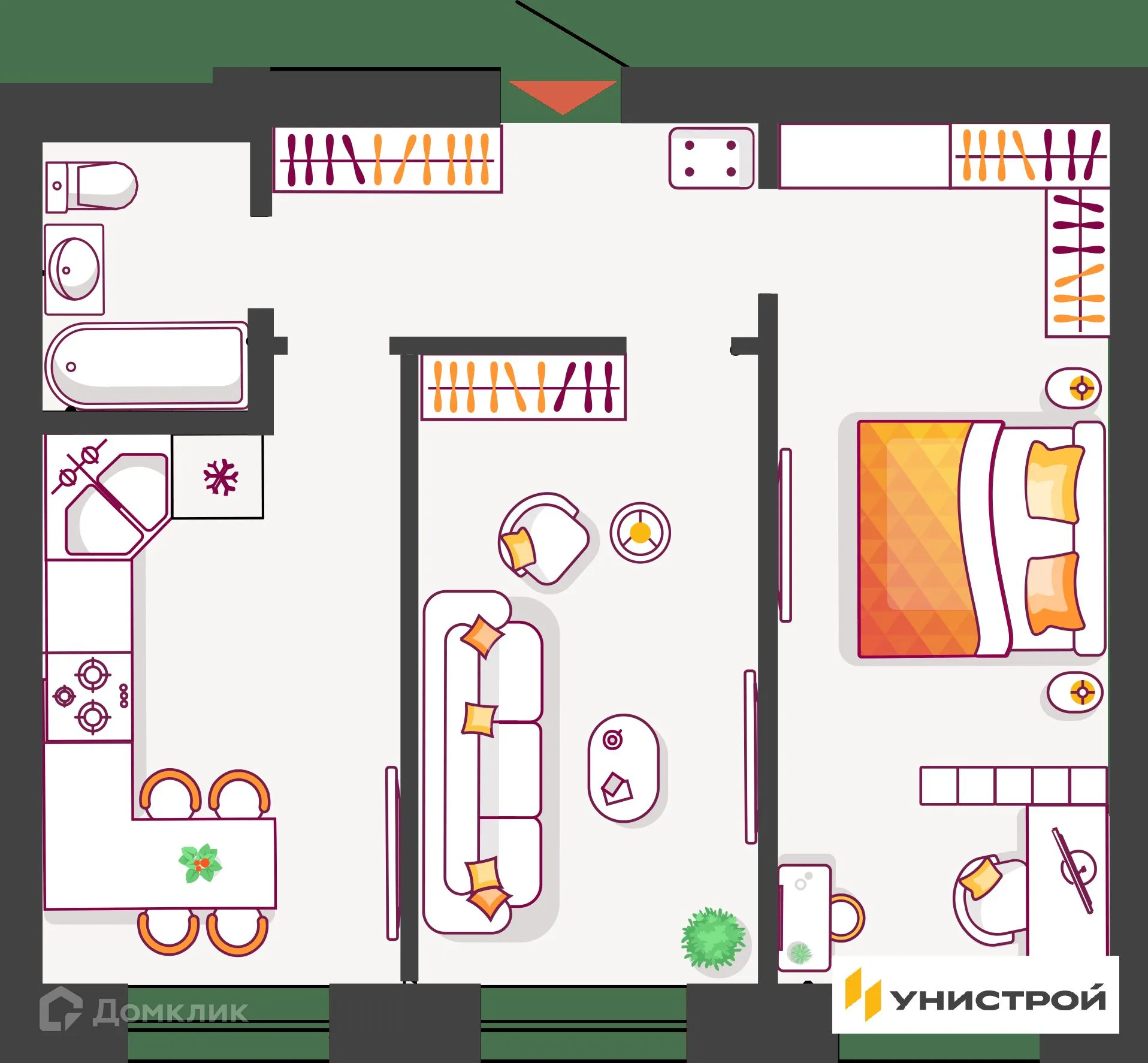 Планировка 2-комнатной квартиры 57.54 м² в ЖК Южный бульвар, г. Тольятти — фото 1