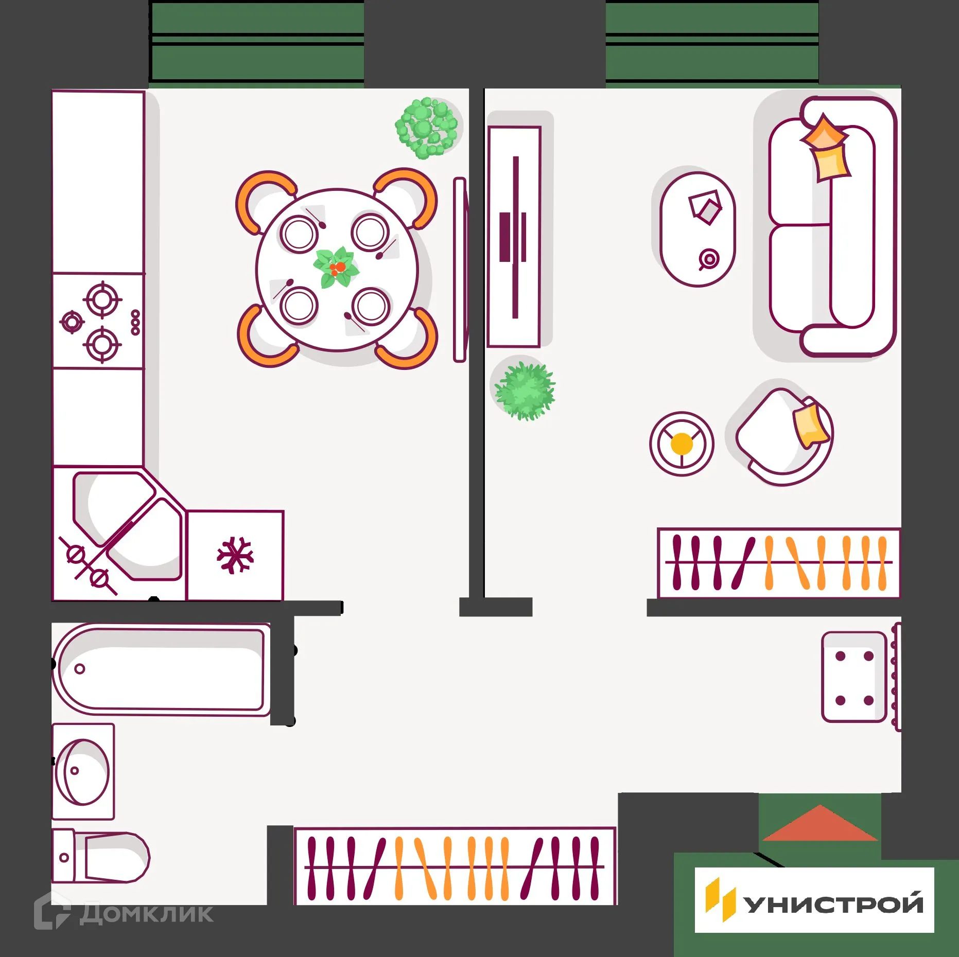 Планировка 1-комнатной квартиры 37.34 м² в ЖК Южный бульвар, г. Тольятти — фото 1