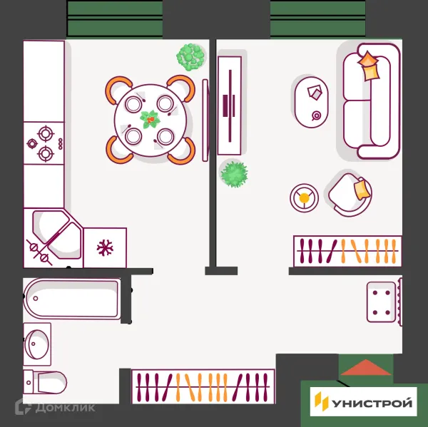 Планировка 1 комн. в ЖК Южный бульвар