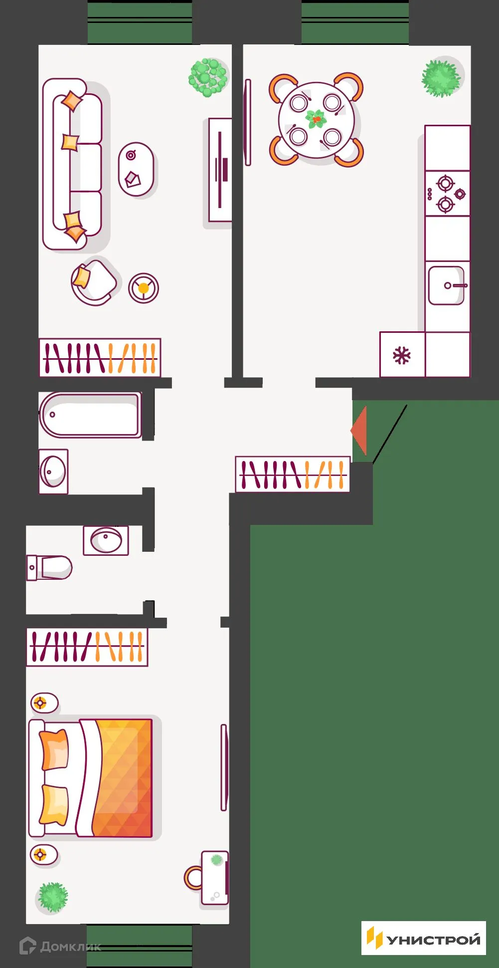 Планировка 2-комнатной квартиры 61.38 м² в ЖК Южный бульвар, г. Тольятти — фото 1