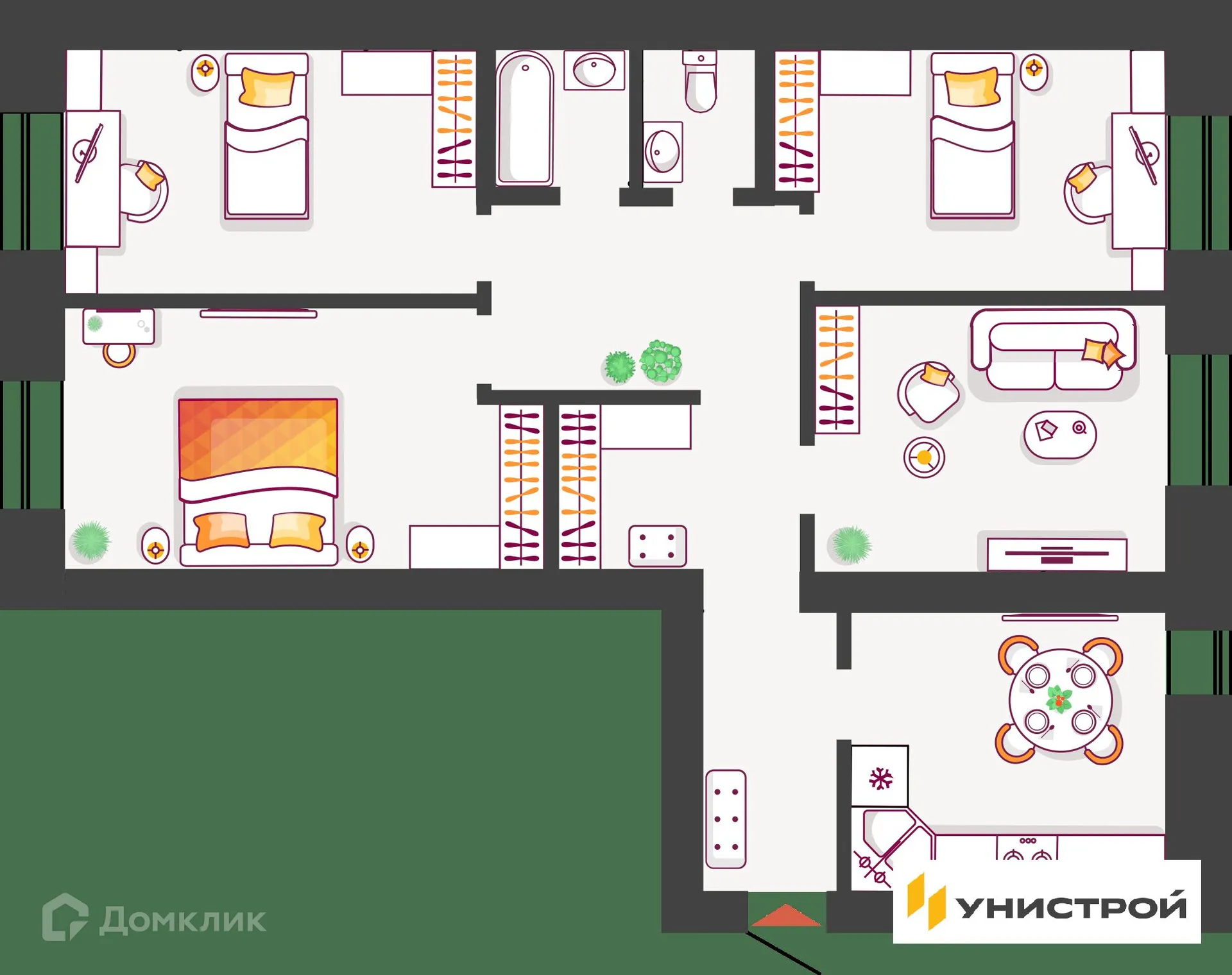 Планировка 4-комнатной квартиры 99.58 м² в ЖК Южный бульвар, г. Тольятти — фото 1
