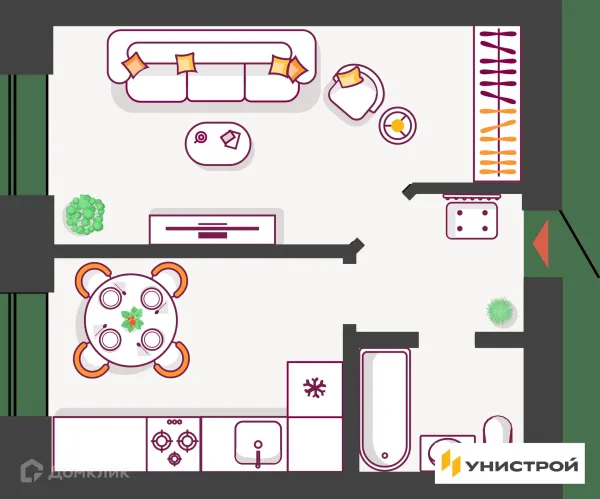 Планировка 1 комн. в ЖК Южный бульвар