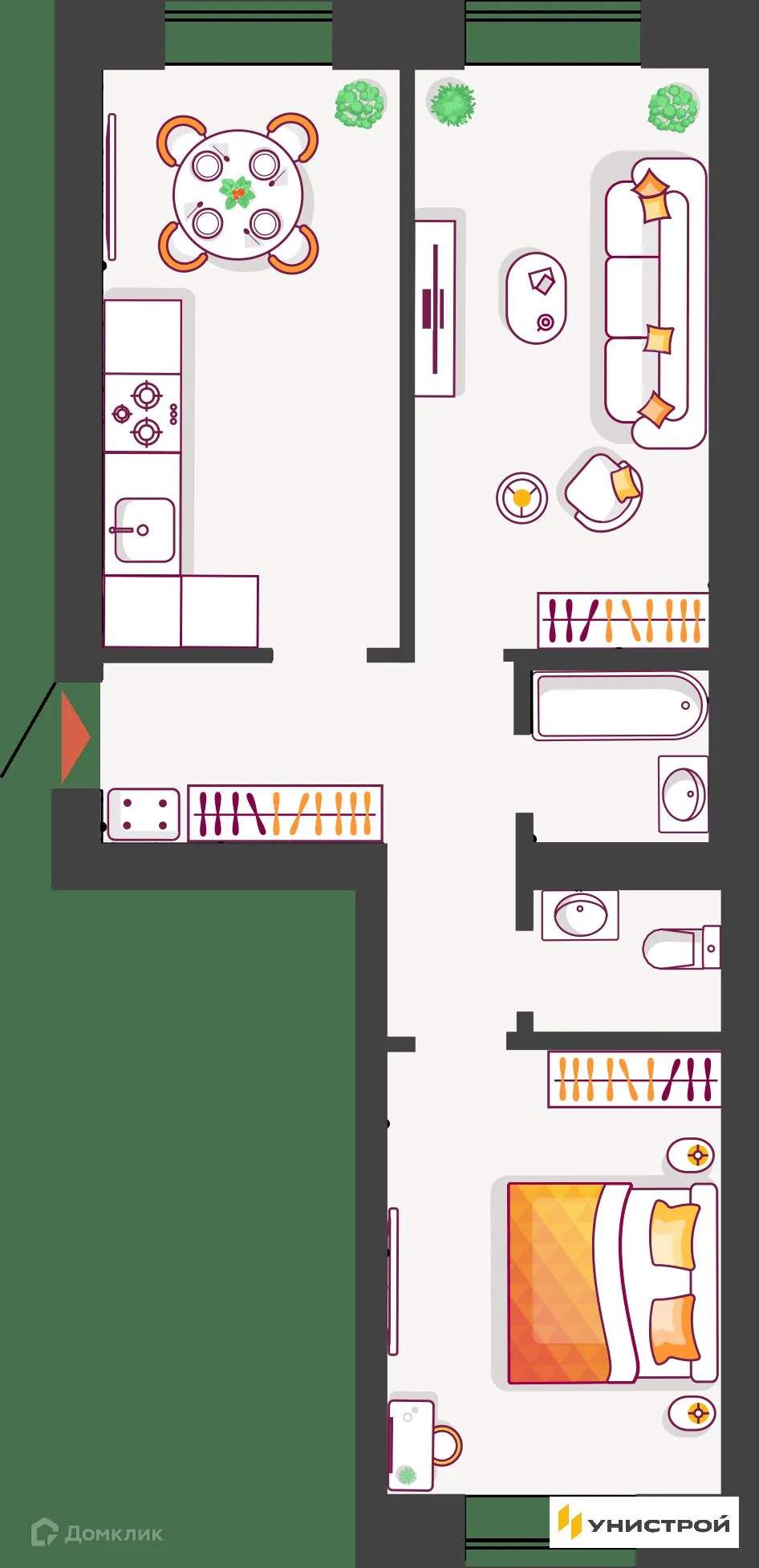 Планировка 2-комнатной квартиры 59.47 м² в ЖК Южный бульвар, г. Тольятти — фото 1