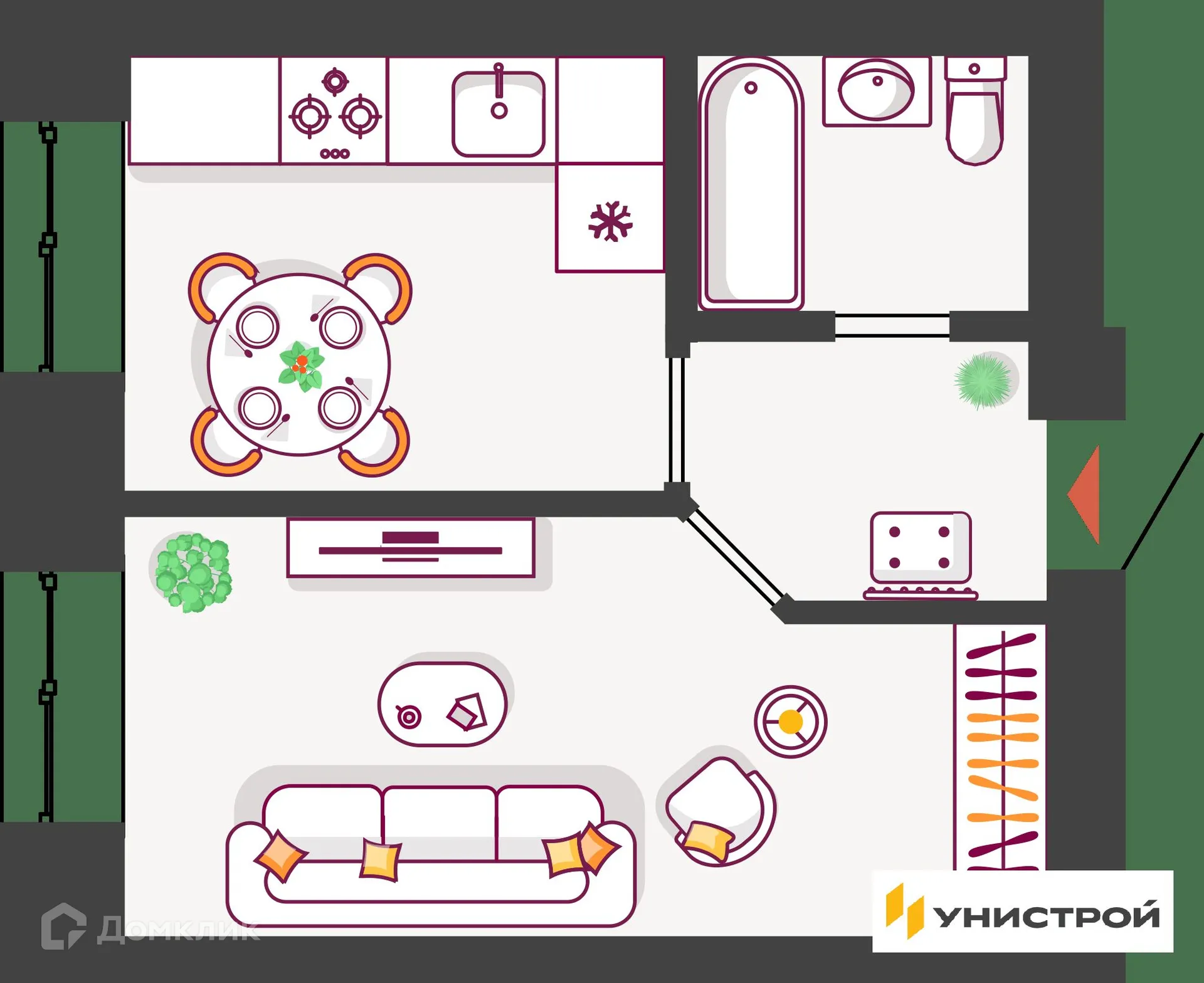 Планировка 1-комнатной квартиры 33.15 м² в ЖК Южный бульвар, г. Тольятти — фото 1