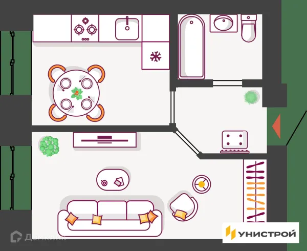 Планировка 1 комн. в ЖК Южный бульвар