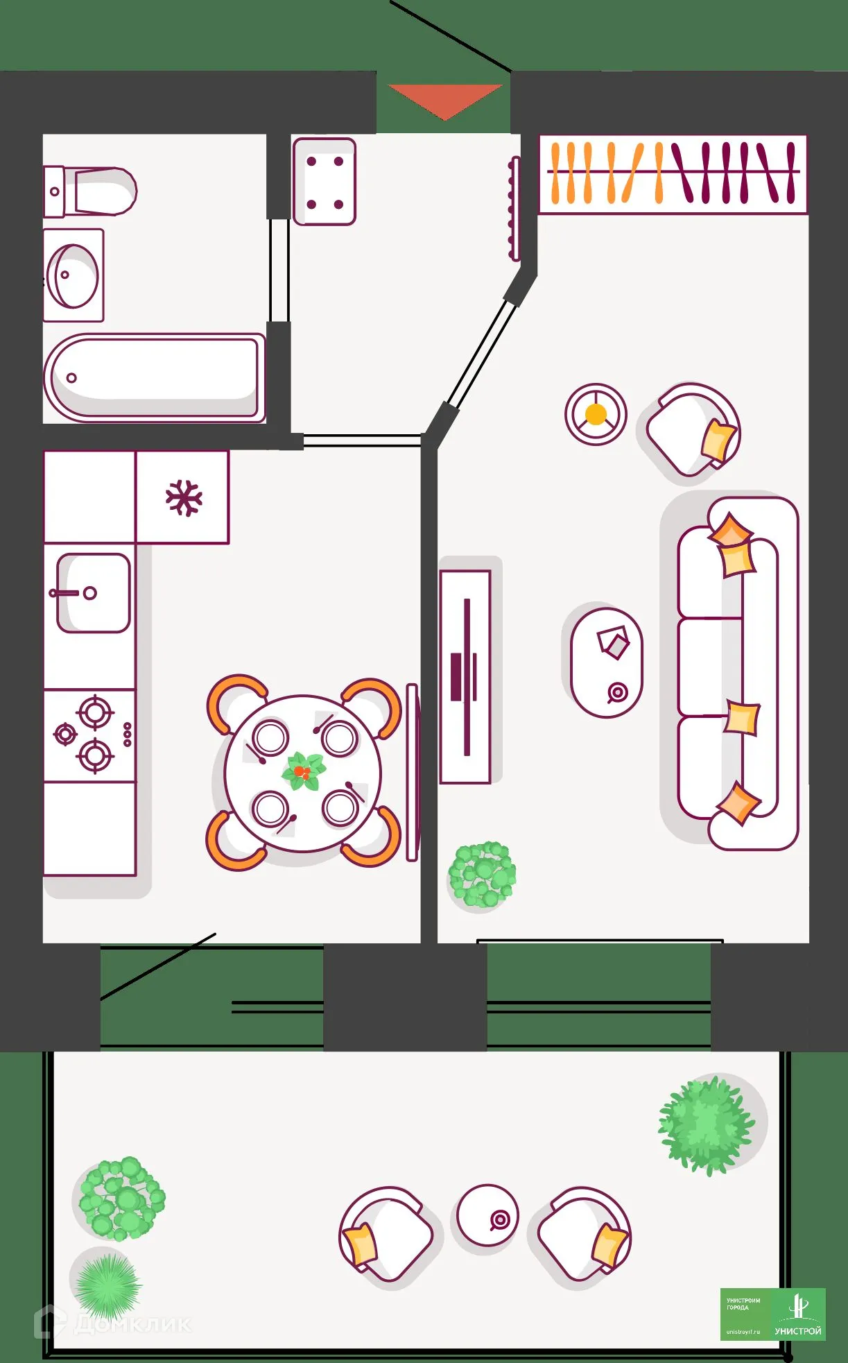 Планировка 1-комнатной квартиры 37.02 м² в ЖК Южный бульвар, г. Тольятти — фото 1