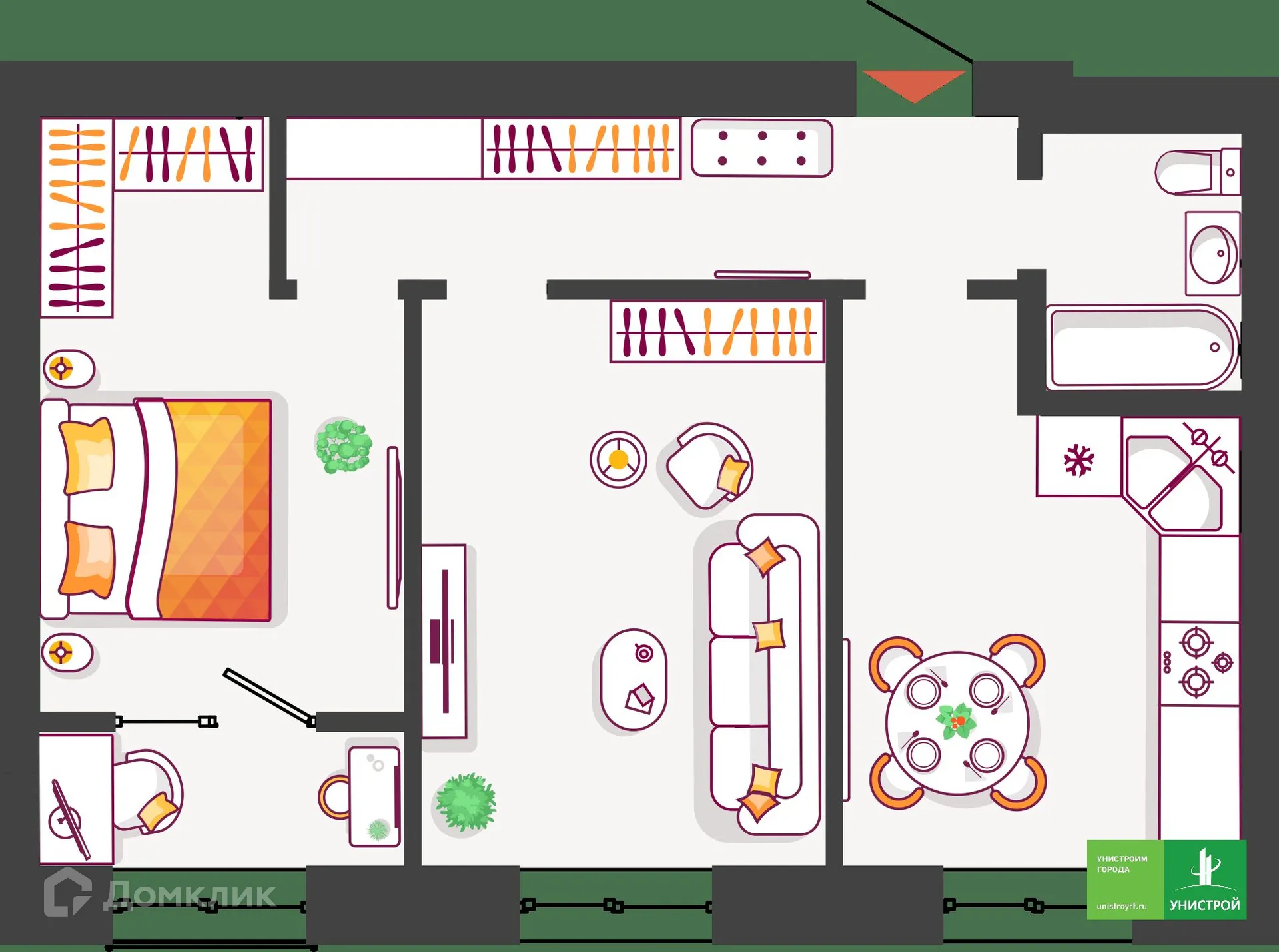 Планировка 2-комнатной квартиры 61.55 м² в ЖК Южный бульвар, г. Тольятти — фото 1