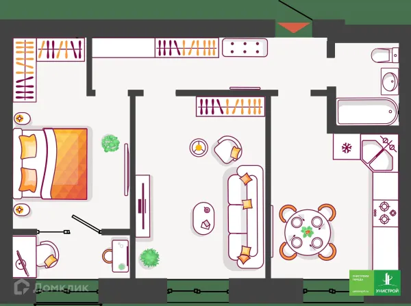 Планировка 2 комн. в ЖК Южный бульвар