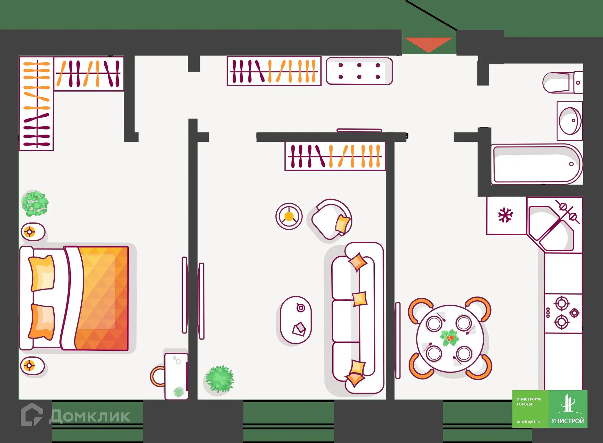 Планировка 2-комнатной квартиры 60.58 м² в ЖК Южный бульвар, г. Тольятти — фото 1