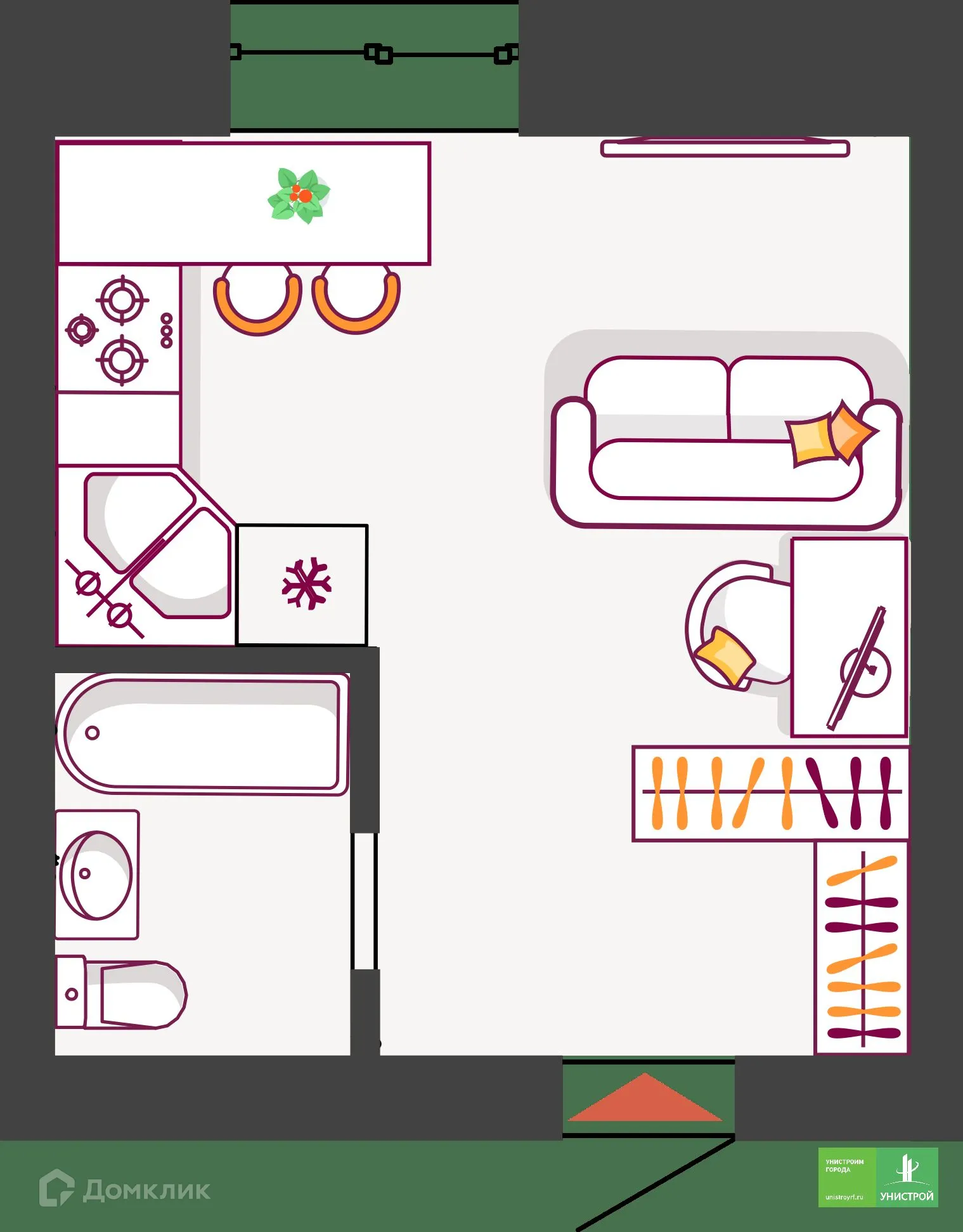 Планировка студии квартиры 25.08 м² в ЖК Южный бульвар, г. Тольятти — фото 1