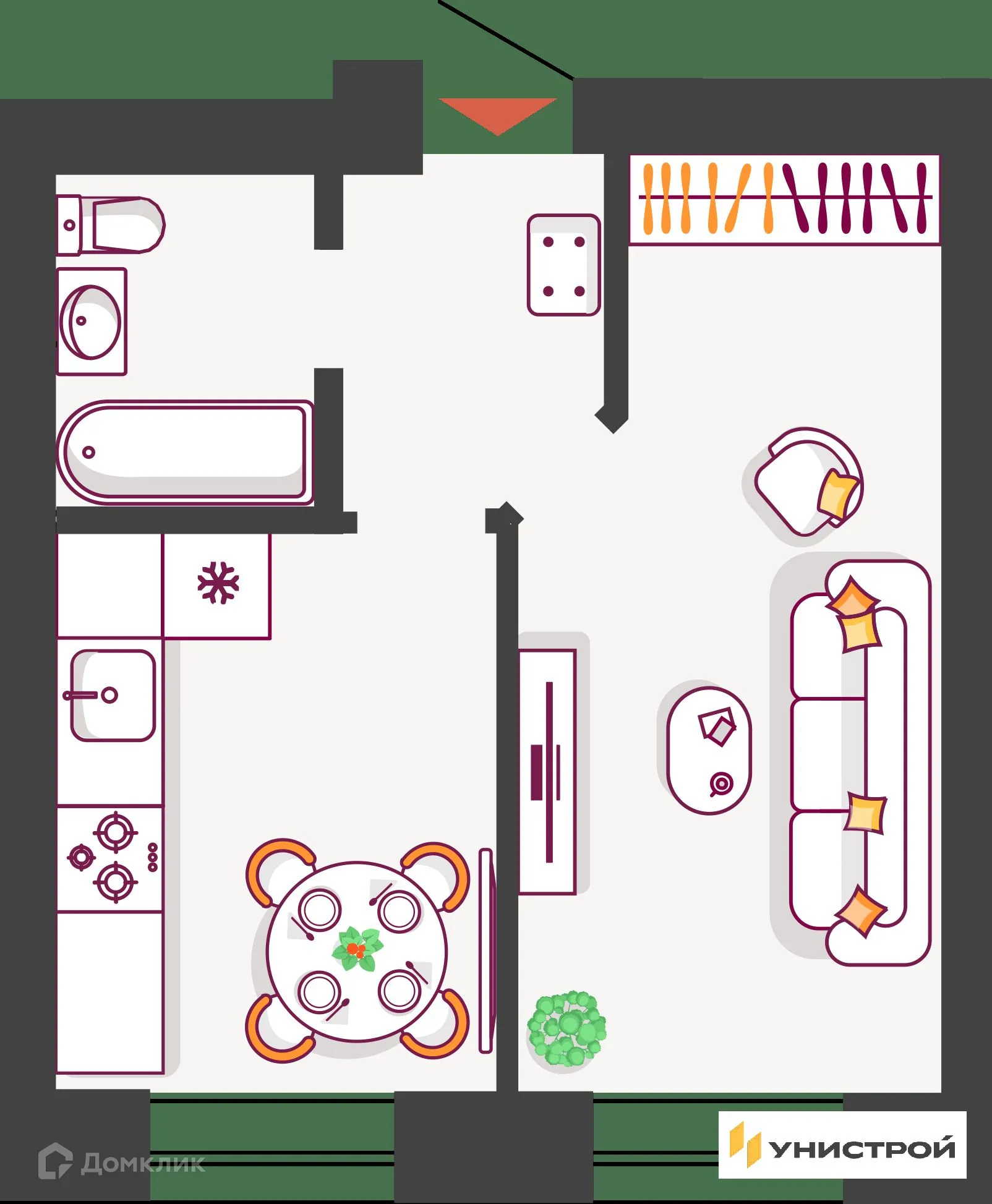 Планировка 1-комнатной квартиры 34 м² в ЖК Южный бульвар, г. Тольятти — фото 1