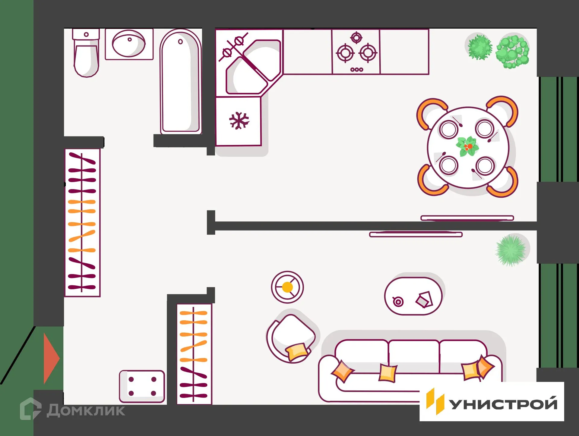 Планировка 1-комнатной квартиры 41.8 м² в ЖК Южный бульвар, г. Тольятти — фото 1