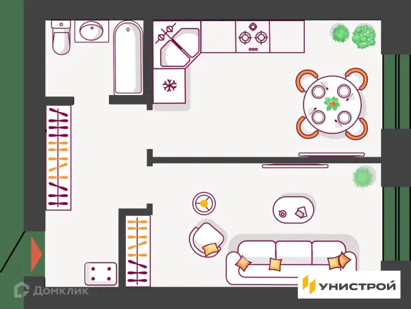 Планировка 1 комн. в ЖК Южный бульвар