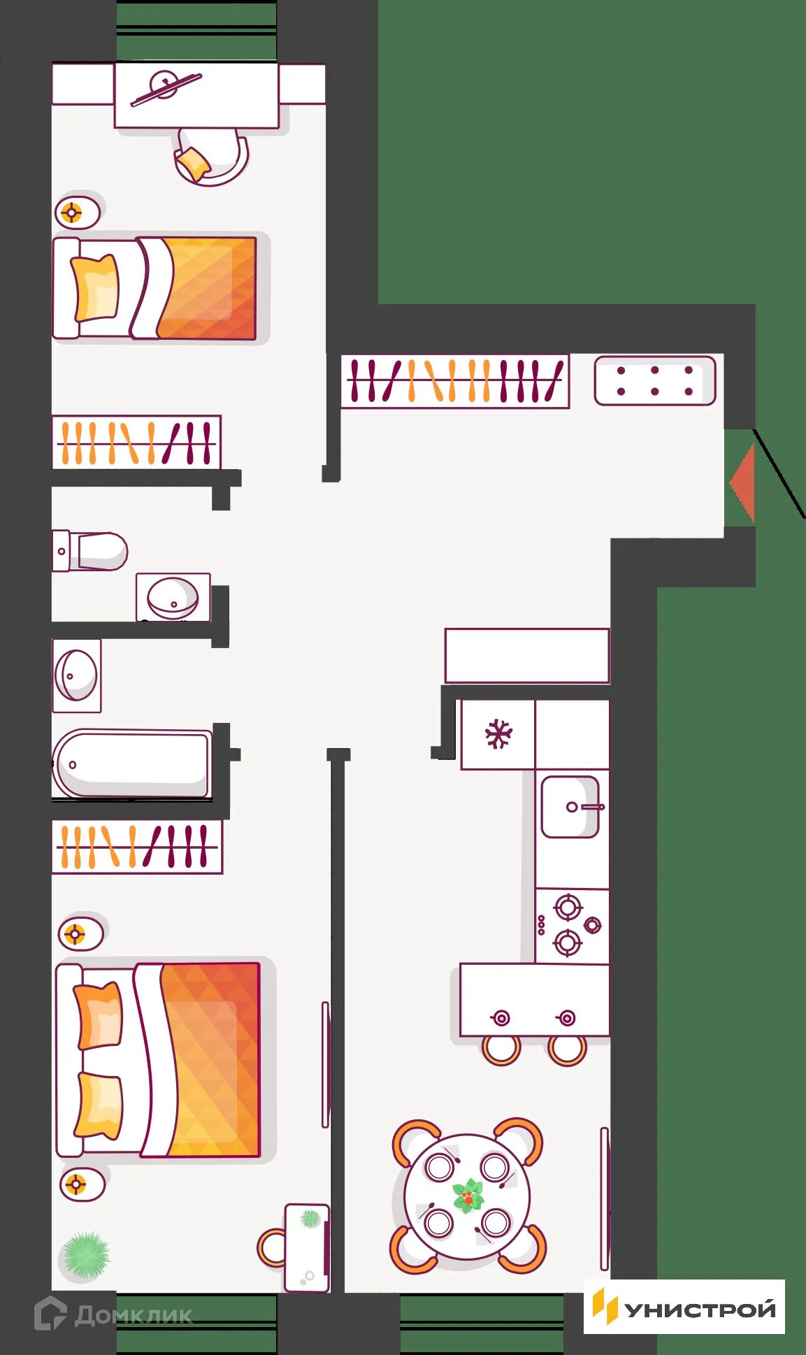 Планировка 2-комнатной квартиры 62.05 м² в ЖК Южный бульвар, г. Тольятти — фото 1