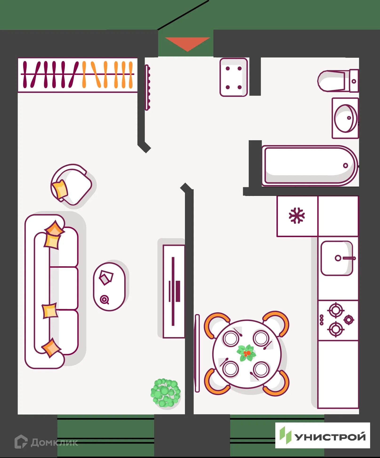 Планировка 1-комнатной квартиры 34.88 м² в ЖК Южный бульвар, г. Тольятти — фото 1