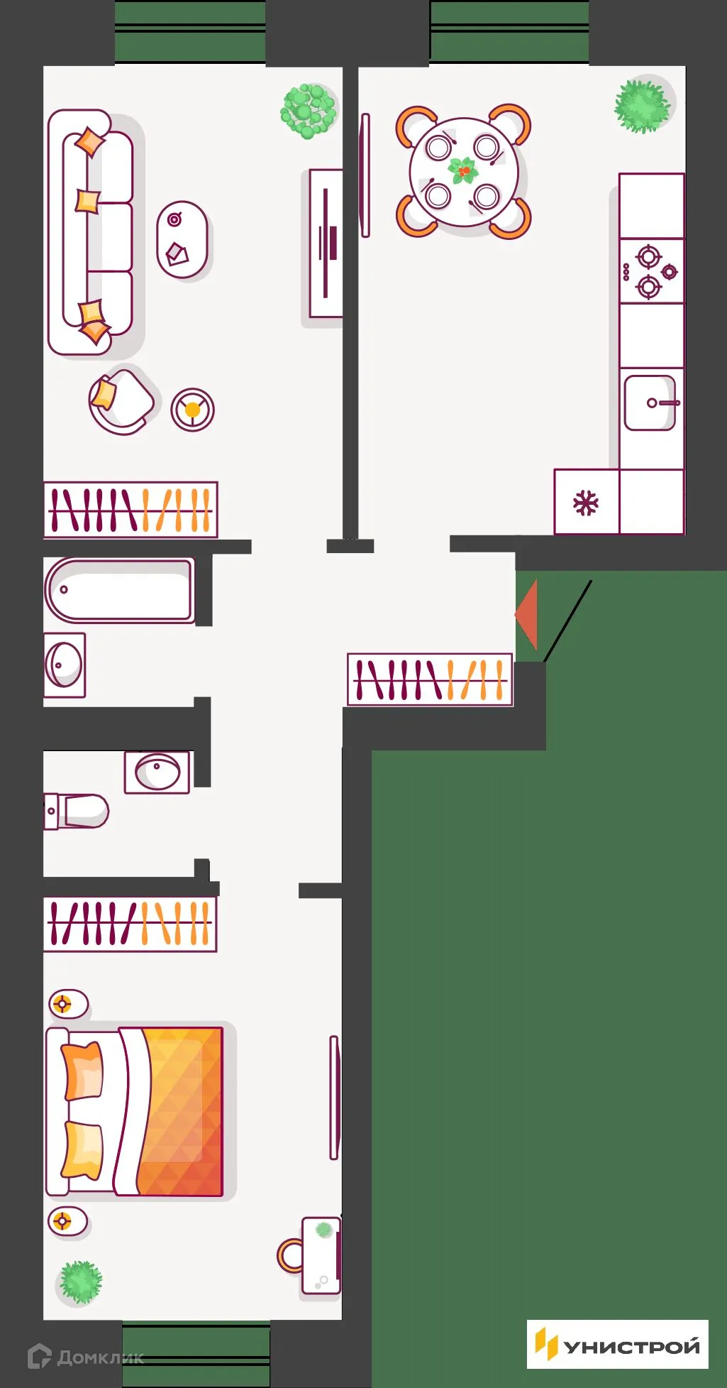 Планировка 2-комнатной квартиры 63.39 м² в ЖК Южный бульвар, г. Тольятти — фото 1