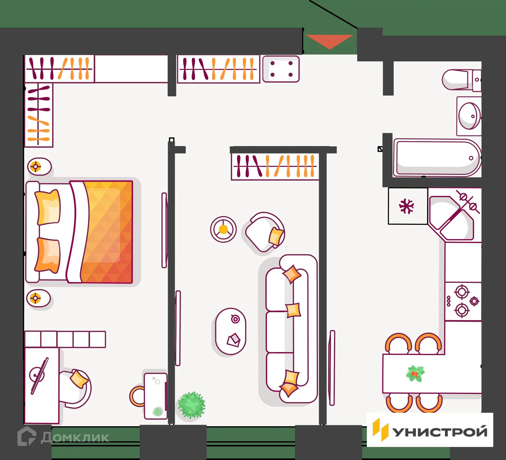 Планировка 2-комнатной квартиры 56.72 м² в ЖК Южный бульвар, г. Тольятти — фото 1