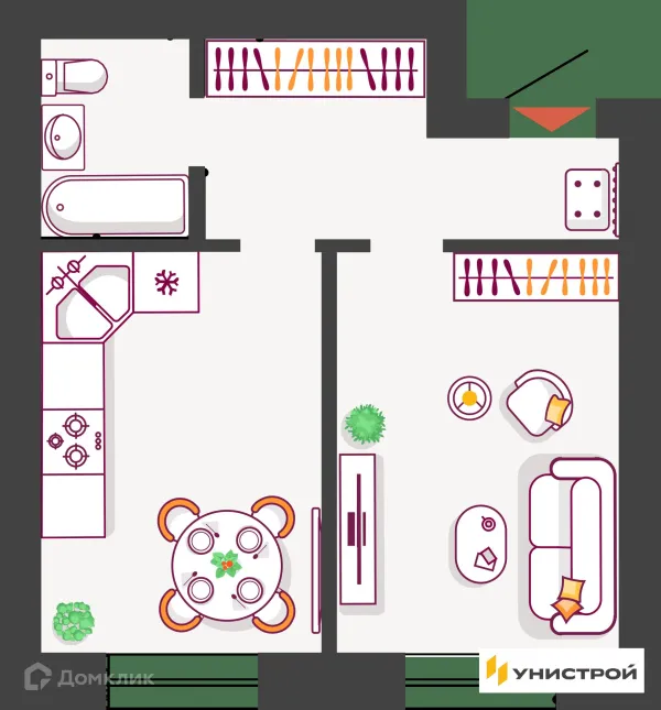 Планировка 1 комн. в ЖК Южный бульвар