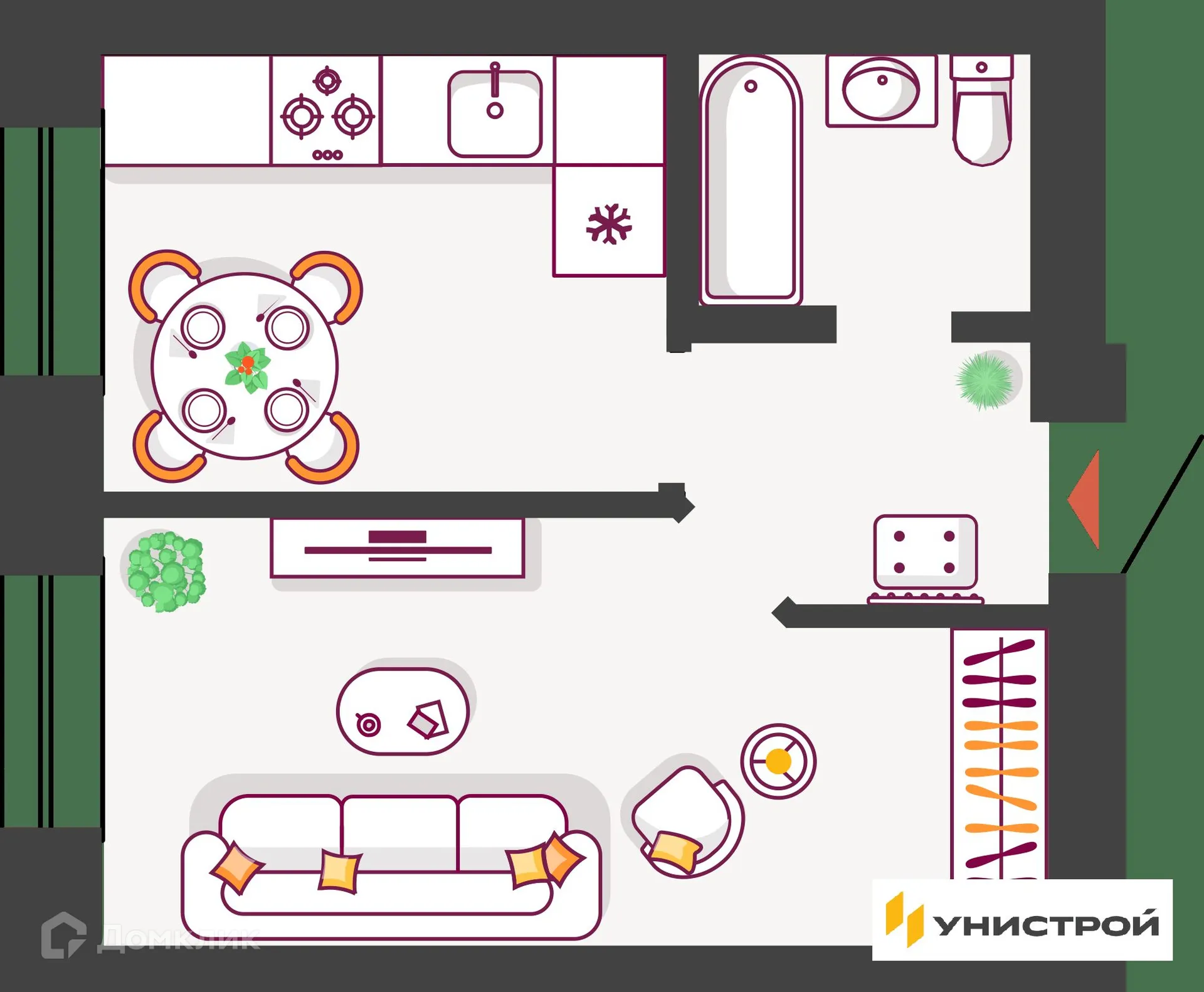 Планировка 1-комнатной квартиры 33.89 м² в ЖК Южный бульвар, г. Тольятти — фото 1