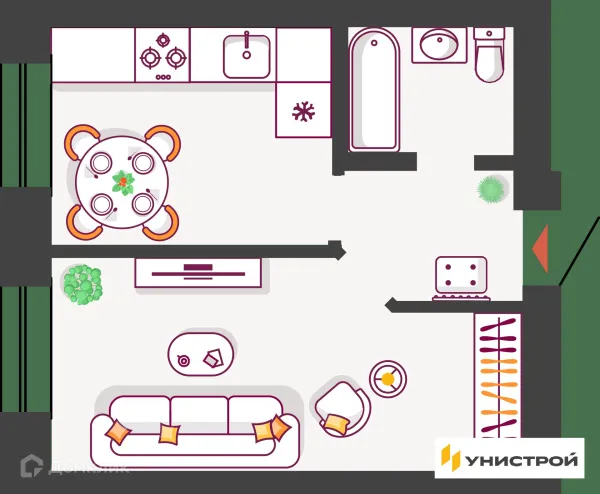 Планировка 1 комн. в ЖК Южный бульвар