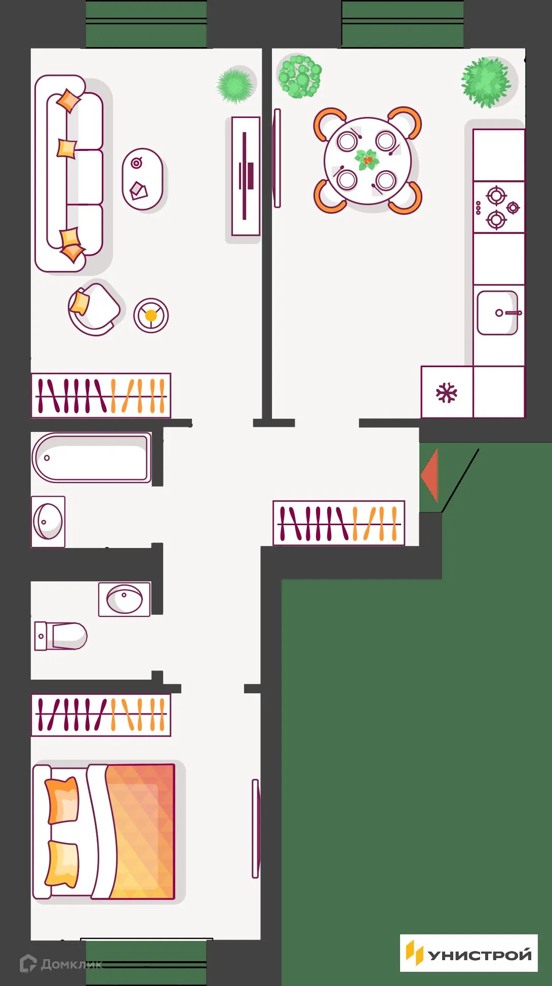Планировка 2-комнатной квартиры 59.32 м² в ЖК Южный бульвар, г. Тольятти — фото 1