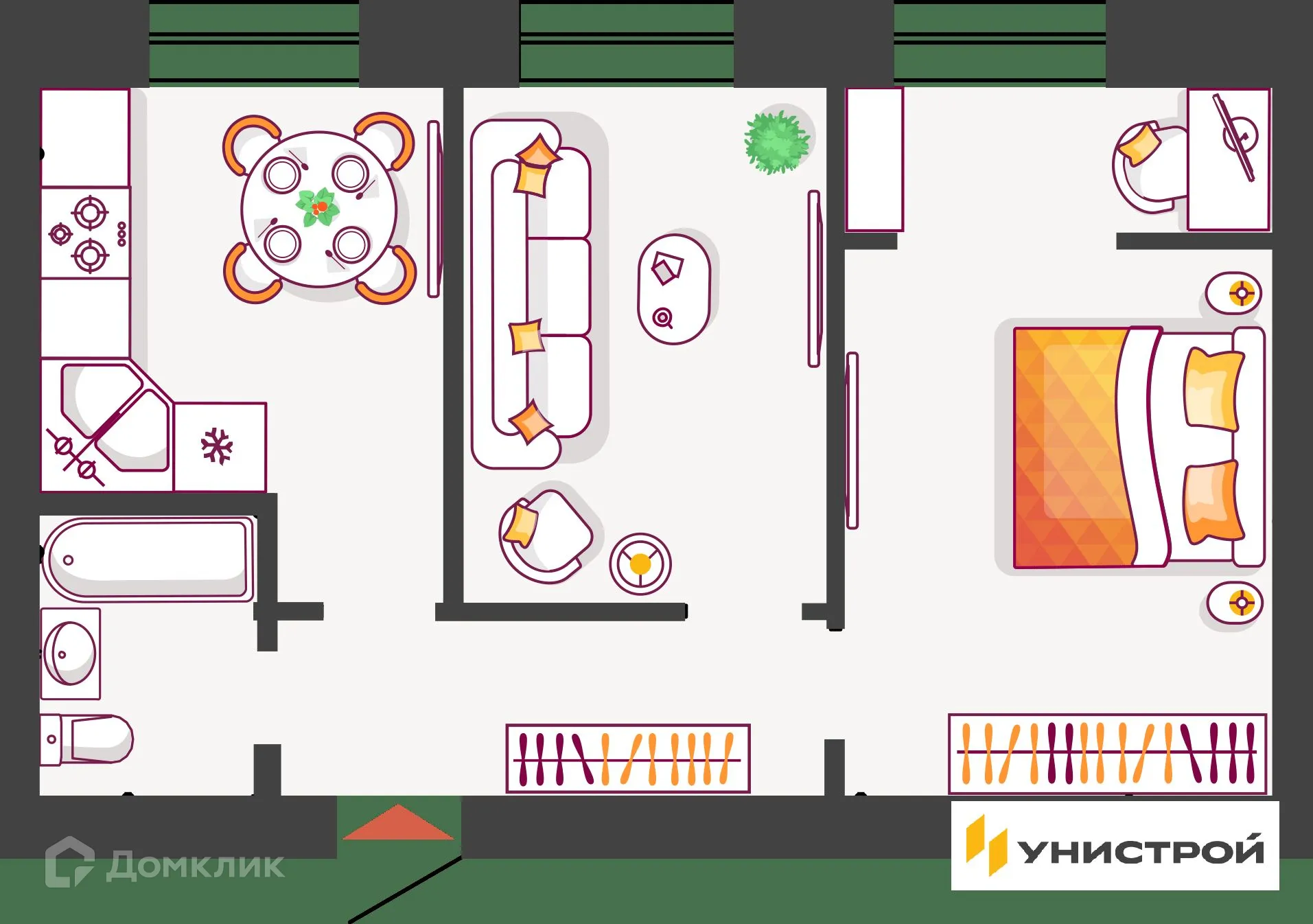 Планировка 2-комнатной квартиры 51.08 м² в ЖК Южный бульвар, г. Тольятти — фото 1