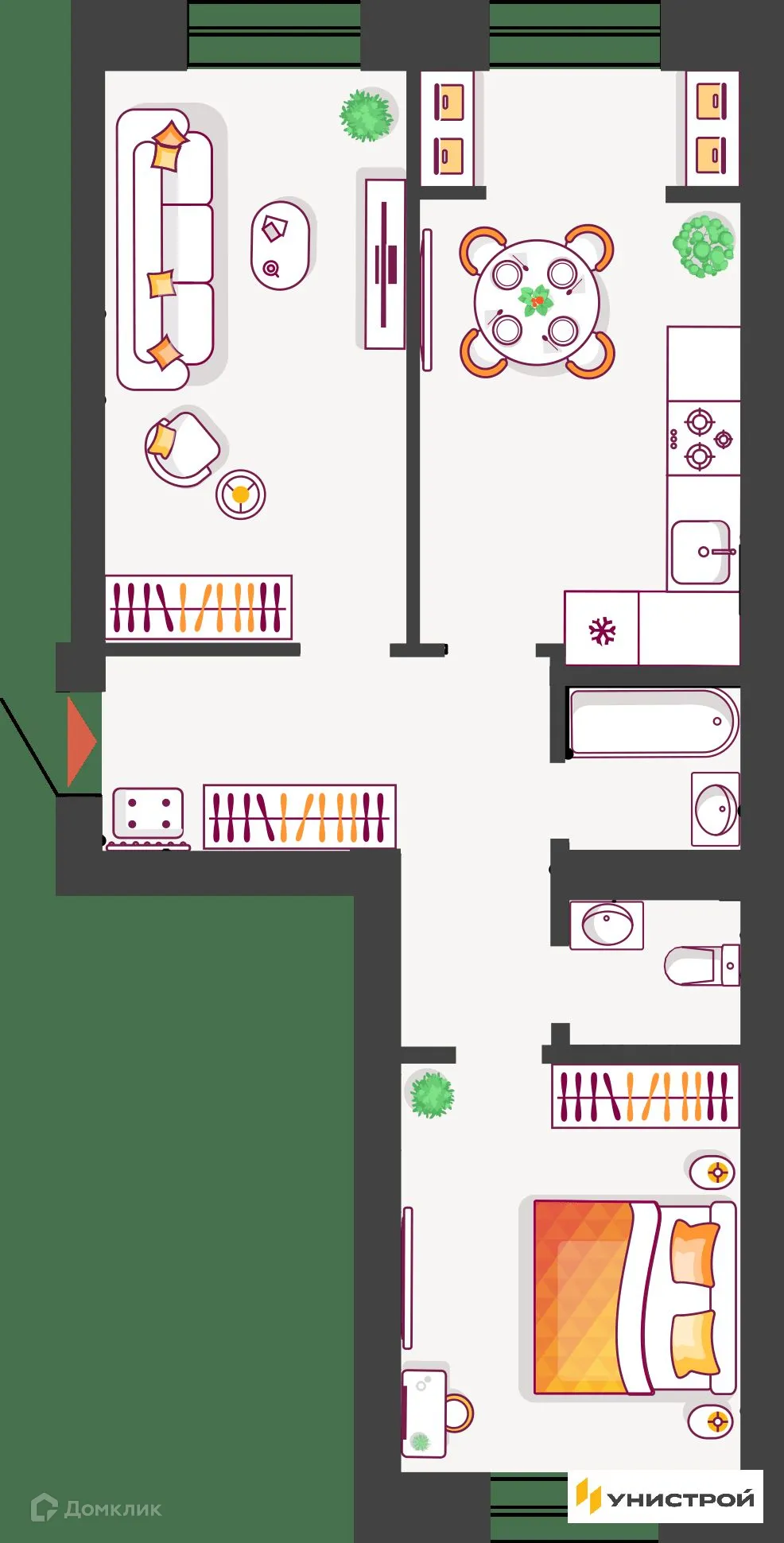 Планировка 2-комнатной квартиры 63.52 м² в ЖК Южный бульвар, г. Тольятти — фото 1