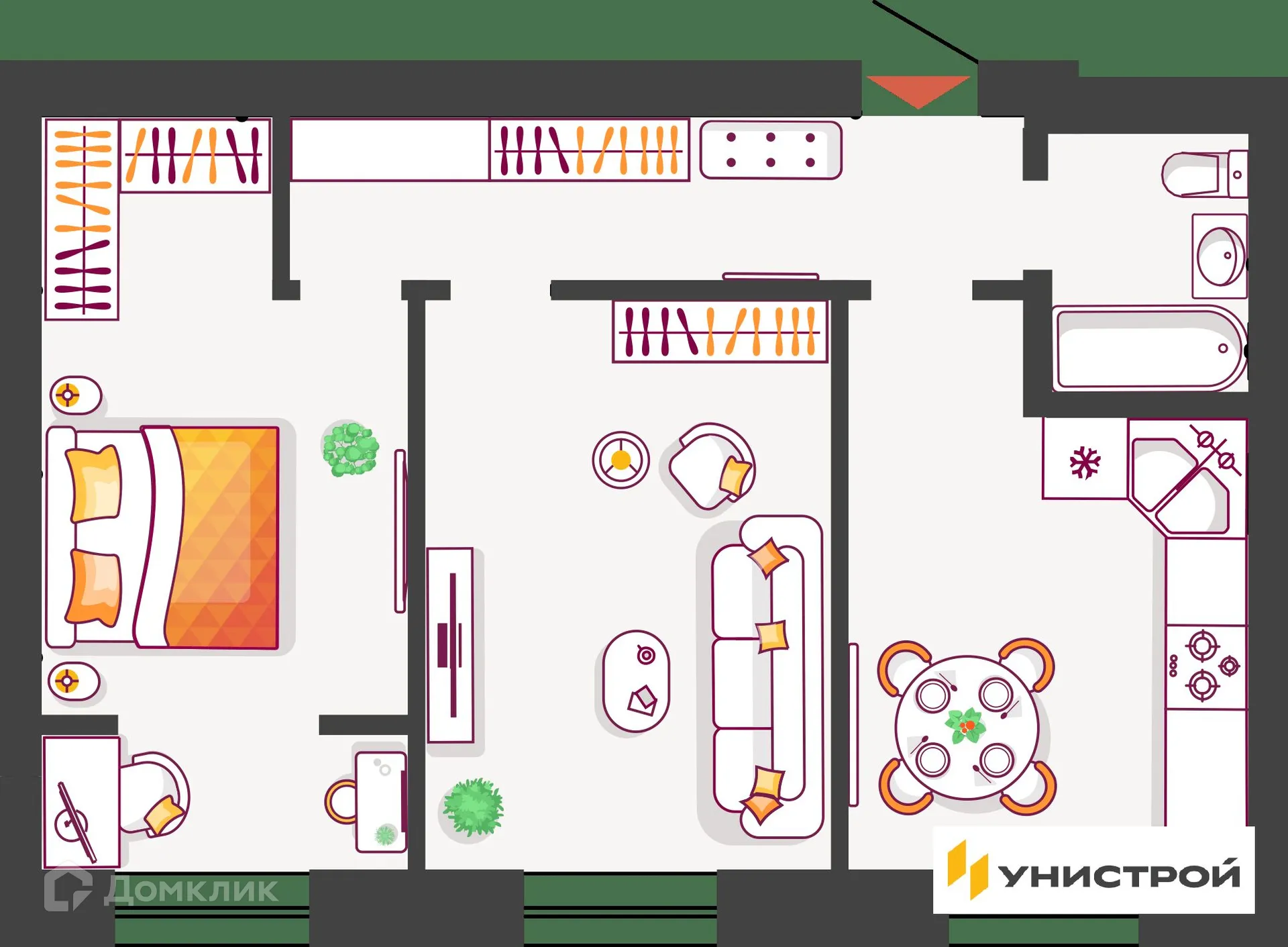 Планировка 2-комнатной квартиры 61.8 м² в ЖК Южный бульвар, г. Тольятти — фото 1