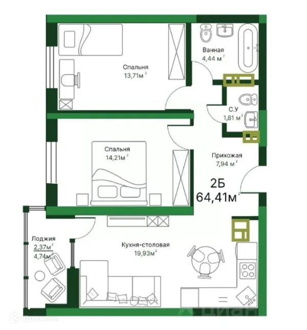 Планировка 1 комн. в ЖК Люксор