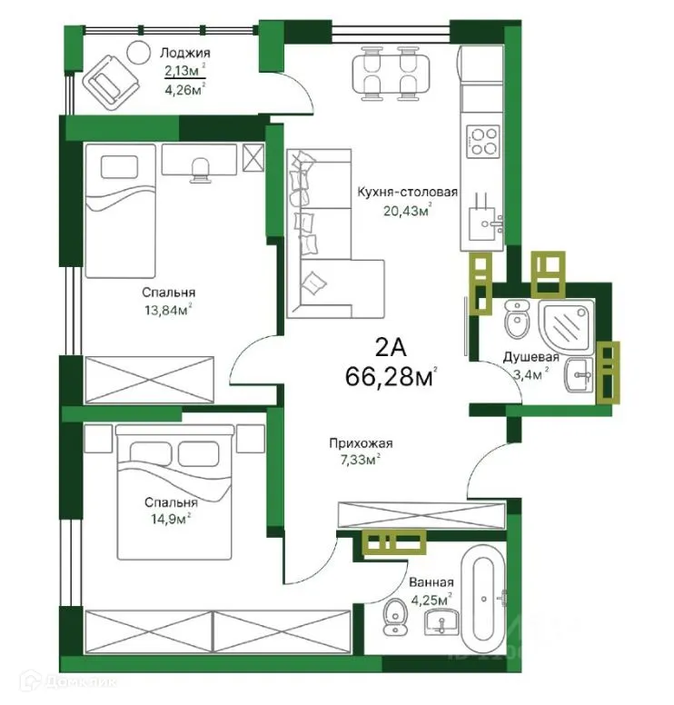 Планировка 2-комнатной квартиры 65.11 м² в ЖК Люксор, г. Тольятти — фото 1