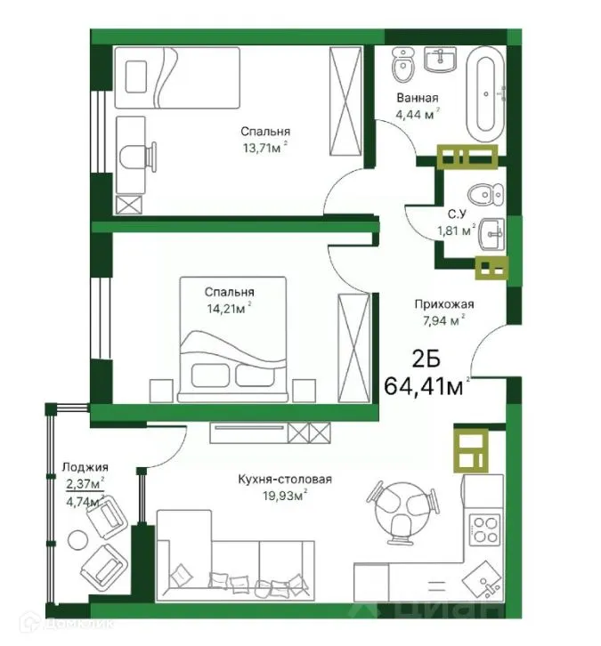 Планировка 2-комнатной квартиры 64.76 м² в ЖК Люксор, г. Тольятти — фото 1