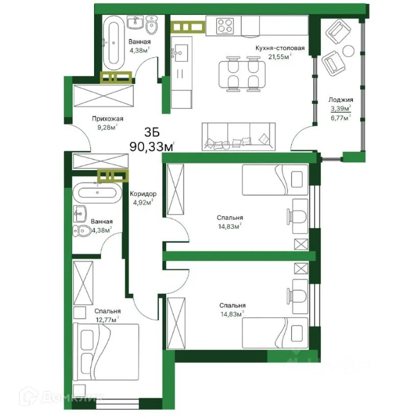 Планировка 3-комнатной квартиры 90.62 м² в ЖК Люксор, г. Тольятти — фото 1