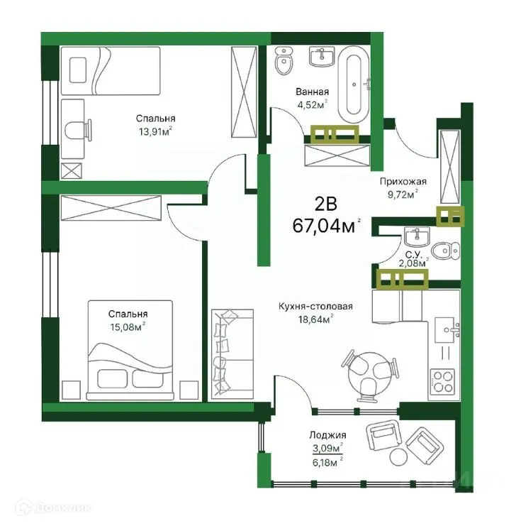Планировка 2-комнатной квартиры 67.04 м² в ЖК Люксор, г. Тольятти — фото 1