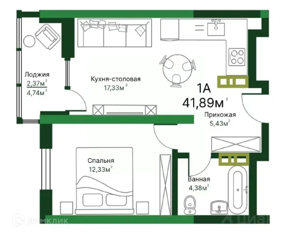 Планировка 1 комн. в ЖК Люксор