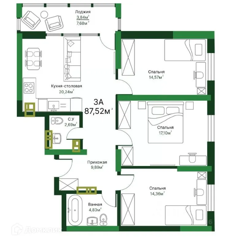 Планировка 3-комнатной квартиры 87.52 м² в ЖК Люксор, г. Тольятти — фото 1